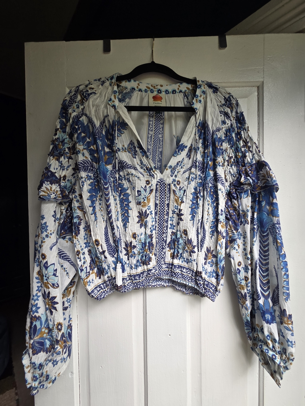 FARM Rio White Blouse with Blue Floral & Brown Accents